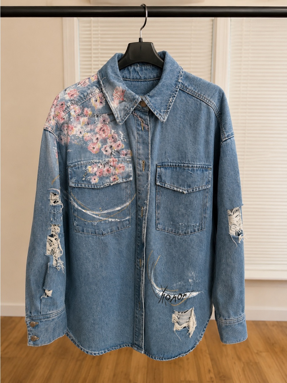 H&M Blue Denim Jacket with Pink Floral Detail